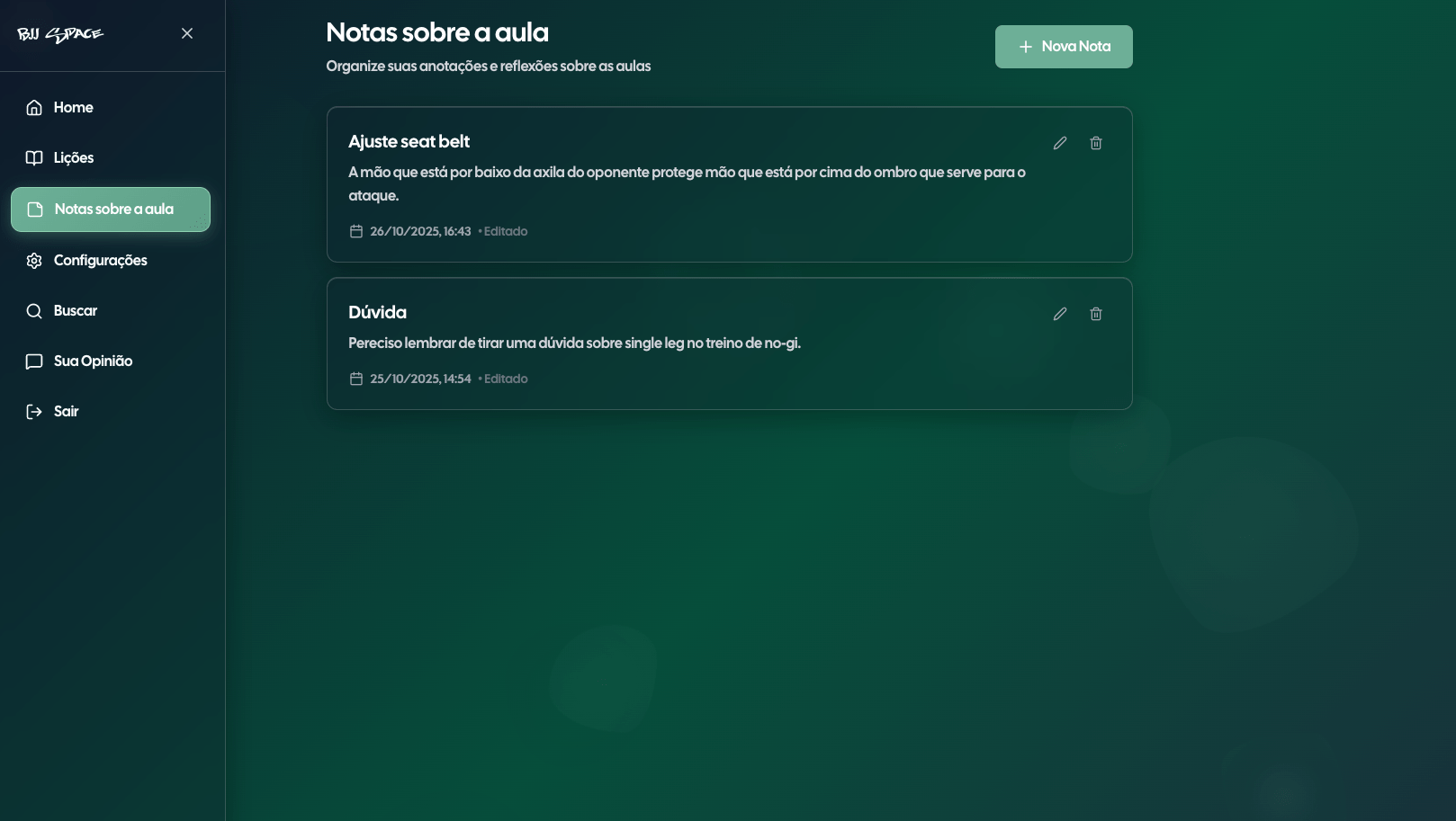 Notas sobre a aula BJJ Space - Anotações livres de dicas do professor e ajustes de posição para não esquecer nada do tatame
